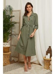 Lin Passion Lniana sukienka w kolorze khaki rozmiar: 40/42. Brązowe sukienki damskie Lin Passion, bez wzorów, ze lnu, klasyczne, bez ramiączek. Za 250.35 zł.