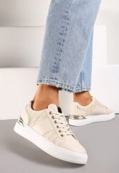 Beżowe Sneakersy na Grubej Podeszwie z Plecioną Wstawką i Błyszczącymi Detalami Issla. Brązowe obuwie sportowe damskie Born2be, bez zapięcia. Za 49.99 zł.