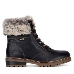 Trzewiki Remonte. Czarne botki damskie Remonte, bez obcasa, na płaskiej podeszwie, bez zapięcia. Za 423.00 zł.