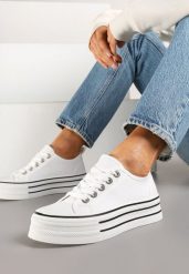 Białe Trampki na Grubej Podeszwie Lurivanna. Białe trampki damskie Renee, z aplikacjami, z jeansu, bez zapięcia. Za 74.99 zł.
