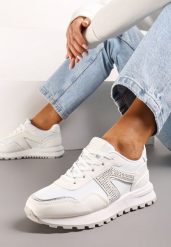 Białe Sneakersy z Cholewką przed Kostkę z Aplikacją z Cyrkonii Velvettes. Białe obuwie sportowe damskie Renee, przed kostkę, bez zapięcia, trekkingowe. Za 79.99 zł.