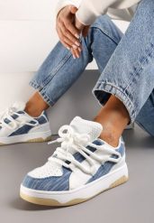 Niebiesko-Białe Sneakersy z Ozdobnymi Sznurówkami na Niskiej Platformie z Perforacją Dearias. Niebieskie obuwie sportowe damskie Renee, z dresówki, bez zapięcia. Za 99.99 zł.