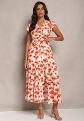 Pomarańczowa Rozkloszowana Sukienka Maxi w Kwiatowy Print z Gumką w Pasie Javiky. Brązowe sukienki damskie Renee, bez wzorów, z materiału, bez ramiączek. W wyprzedaży za 83.99 zł.