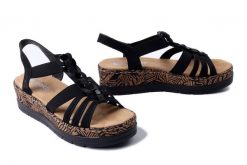 RIEKER V3902-00 black, sandały damskie. Czarne sandały damskie Rieker, bez wzorów, bez obcasa, bez zapięcia. Za 209.93 zł.