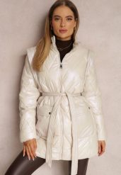 Beżowa Kurtka z Odpinanym Rękawem Wiązana w Pasie Chozi. Brązowe kurtki damskie Renee, l, bez wzorów, z materiału, bez kaptura. Za 319.99 zł.