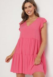 Różowa Rozkloszowana Sukienka z Bawełny Ozdobiona Falbankami Natiriane. Czerwone sukienki damskie Born2be, bez wzorów, z bawełny, eleganckie, bez ramiączek. Za 69.99 zł.