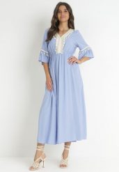 Niebieska Wiskozowa Sukienka Maxi z Ozdobnym Dekoltem i Gumką w Pasie Latava. Niebieskie sukienki damskie Born2be, bez wzorów, z wiskozy, bez ramiączek. Za 119.99 zł.