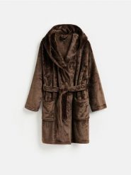 Miękki szlafrok z uszami - brązowy. Brązowe szlafroki damskie Reserved, bez wzorów, z dzianiny, bez kaptura. Za 139.99 zł.