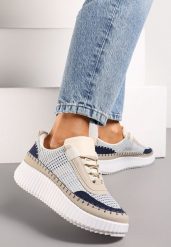Beżoweo-Niebieskie Sneakersy na Platformie z Tweedowymi Wstawkami i Przeszyciami Leganna. Brązowe obuwie sportowe damskie Born2be, bez zapięcia. Za 89.99 zł.