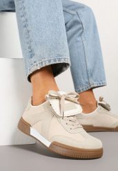 Beżowe Sneakersy w Stylu Tenisówek z Szerokim Językiem Alarila. Brązowe obuwie sportowe damskie Renee, na lato, bez zapięcia, tenisowe. Za 79.99 zł.