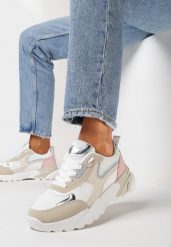 Beżowo-Białe Sneakersy z Modnymi Naszywkami z Brokatowym i Metalicznym Akcentem Gleriona. Brązowe obuwie sportowe damskie Born2be, bez zapięcia. Za 99.99 zł.