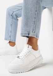 Białe Sneakersy na Grubej Podeszwie z Ozdobną Perforacją i Sznurowaniem Xirea. Białe obuwie sportowe damskie Born2be, z materiału, bez zapięcia. Za 99.99 zł.