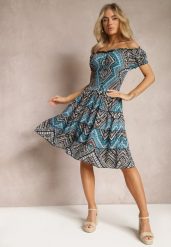 Zielono-Czarna Elastyczna Sukienka Boho z Hiszpańskim Dekoltem z Bawełny Solphina. Zielone sukienki damskie Renee, bez wzorów, z bawełny, boho, bez ramiączek. W wyprzedaży za 32.99 zł.