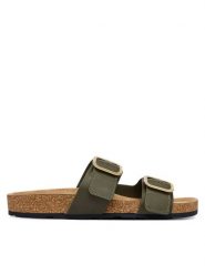 Tommy Hilfiger Klapki Leather Double Strap Cork Sandals FW0FW09118 Zielony. Zielone klapki damskie Tommy Hilfiger, bez wzorów, ze skóry, bez obcasa, bez zapięcia. Za 409.99 zł.