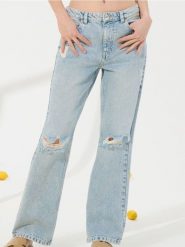 Jeansy wide leg z przetarciami - niebieski. Niebieskie jeansy damskie Sinsay. W wyprzedaży za 35.99 zł.