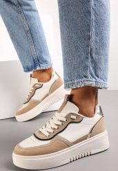 Ciemnobeżowe Sneakersy z Brokatowymi Wstawkami Nickole. Brązowe obuwie sportowe damskie Renee, z materiału, przed kostkę, bez zapięcia. Za 99.99 zł.