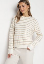 Beżowy Sweter w Paski z Cekinami i Metaliczną Nicią Iritalle. Brązowe swetry klasyczne damskie Born2be, na zimę, bez kołnierzyka. Za 89.99 zł.