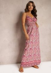 Różowa Sukienka w Stylu Boho na Ramiączkach z Gumką w Talii Felorea. Czerwone sukienki damskie Renee, bez wzorów, z materiału, boho, bez ramiączek. W wyprzedaży za 55.99 zł.