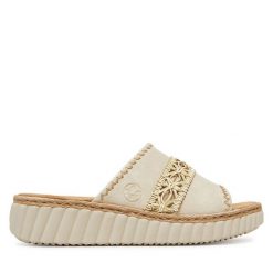 Klapki Rieker. Brązowe klapki damskie Rieker, bez wzorów, bez obcasa, bez zapięcia. Za 239.99 zł.