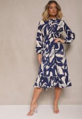 Granatowa Sukienka z Bawełną i Abstrakcyjnym Wzorem Tersedi. Niebieskie sukienki damskie Renee, bez wzorów, z bawełny, eleganckie, bez ramiączek. W wyprzedaży za 83.99 zł.