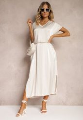 Jasnobeżowa Casualowa Sukienka z Wiskozy Oversize o Pudełkowym Kroju Morarose. Brązowe sukienki damskie Renee, bez wzorów, z materiału, bez ramiączek. W wyprzedaży za 95.99 zł.