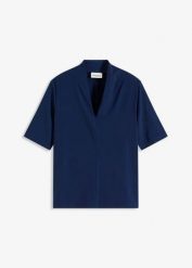 Bluzka z kołnierzem ze stójką. Niebieskie bluzki damskie bonprix, bez wzorów, eleganckie, bez kołnierzyka, bez ramiączek. Za 72.99 zł.