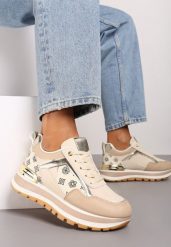 Beżowe Sneakersy Ozdobione Geometrycznym Wzorem i Metaliczną Wstawką Ifira. Brązowe obuwie sportowe damskie Renee, bez zapięcia. Za 109.99 zł.