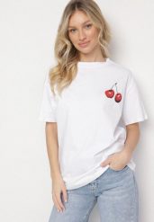 Biały T-shirt Bawełniany z Obustronnym Nadrukiem Wiśni Isoriel. Białe t-shirty damskie Born2be, bez wzorów, z bawełny, bez kołnierzyka. Za 84.99 zł.