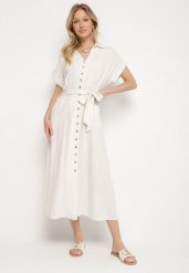 Jasnobeżowa Sukienka Koszulowa z Wiskozy i Lnu Wiązana w Talii z Kieszeniami Efrasira. Brązowe sukienki damskie Born2be, bez wzorów, z wiskozy, eleganckie, bez ramiączek. W wyprzedaży za 127.49 zł.