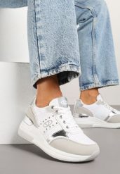 Białe Sneakersy na Ukrytym Koturnie z Koronką i Metalicznymi Wstawkami Edililia. Białe obuwie sportowe damskie Renee, z koronki, bez zapięcia. Za 89.99 zł.