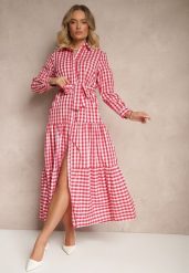 Czerwona Koszulowa Sukienka z Bawełny w Kratkę Vichy z Wiązanym Paskiem Adlivia. Czerwone sukienki damskie Renee, bez wzorów, z bawełny, eleganckie, bez ramiączek. W wyprzedaży za 111.99 zł.