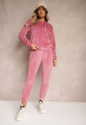 Ciemnoróżowy Komplet Dresowy z Dodatkiem Bawełny Spodnie z Gumką w Pasie Bluza z Kapturem Reseria. Czerwone bluzy damskie Renee, l, bez wzorów, z bawełny, z kapturem. Za 49.99 zł.
