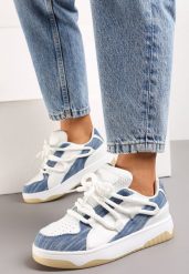 Niebiesko-Białe Sneakersy na Grubej Podeszwie z Ozdobnym Sznurowaniem i Perforacją Sahlle. Niebieskie obuwie sportowe damskie Born2be, bez zapięcia. Za 109.99 zł.