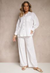 Biały Komplet z Lnem Koszula i Spodnie o Szerokim Kroju Renavine. Białe koszule damskie Renee, na lato, bez wzorów, z materiału, eleganckie, bez kołnierzyka, bez ramiączek. Za 149.99 zł.