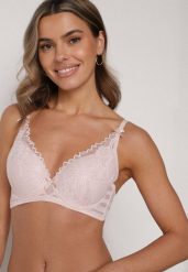 Jasnoróżowy Koronkowy Biustonosz z Ozdobnymi Kokardkami na Ramiączkach Aeleolopei. Czerwone biustonosze Born2be, z aplikacjami, z koronki. Za 34.99 zł.