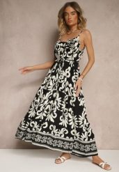 Czarno-Biała Rozkloszowana Sukienka z Wiskozy Zdobiona Broszką i Wiązaniem Marionela. Czarne sukienki damskie Renee, z aplikacjami, z wiskozy, eleganckie, bez ramiączek. W wyprzedaży za 47.99 zł.