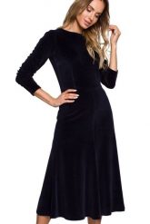 Sukienka welurowa midi rozkloszowana z rękawem 3/4 bawełniana granat. Sukienki damskie MOE, bez wzorów, z bawełny, eleganckie, bez ramiączek. Za 309.00 zł.