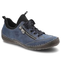 Niebieskie Półbuty Rieker Wygodne Buty Damskie. Niebieskie półbuty damskie Rieker, na wiosnę, bez wzorów, ze skóry ekologicznej, bez obcasa, bez zapięcia. Za 349.00 zł.