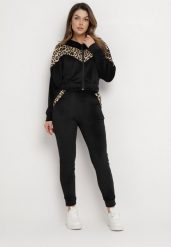 Czarny 2-Częściowy Komplet Dresowy z Animal Print Bluza z Kapturem i Spodnie z Kieszeniami Arieli. Czarne bluzy damskie Born2be, m, bez wzorów, z dresówki, z kapturem. Za 79.99 zł.