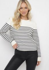 Beżowo-Granatowy Sweter w Cienkie Paskiz Poduszkami na Ramionach Gefonde. Brązowe swetry klasyczne damskie Born2be, m, bez kołnierzyka. Za 39.99 zł.