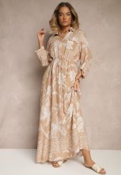 Ciemnobeżowa Sukienka z Koszulową Górą i Egzotycznym Printem z Wiskozy Meriviona. Brązowe sukienki damskie Renee, bez wzorów, z materiału, eleganckie, bez ramiączek. W wyprzedaży za 107.99 zł.