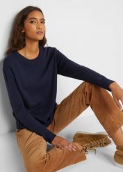 Sweter dzianinowy z okrągłym dekoltem. Czarne swetry klasyczne damskie bonprix, z dzianiny, bez kołnierzyka. Za 59.99 zł.