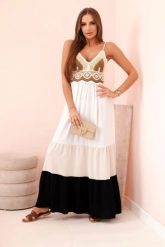 Sukienka damska boho maxi na ramiączkach z ażurową górą beżowy + czarny. Brązowe sukienki damskie Kesi Włoski, w ażurowe wzory, z bawełny, boho, bez ramiączek. Za 217.48 zł.