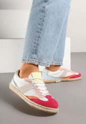 Biało-Czerwone Sneakersy w Stylu Klasycznych Tenisówek z Ozdobnymi Przeszyciami Emloti. Białe obuwie sportowe damskie Born2be, bez zapięcia, tenisowe. Za 84.99 zł.