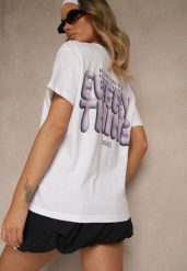 Biało-Fioletowy T-shirt z Bawełny Ozdobiony Nadrukiem Adneria. Białe t-shirty damskie Renee, l, bez wzorów, z bawełny, bez kołnierzyka. Za 44.99 zł.