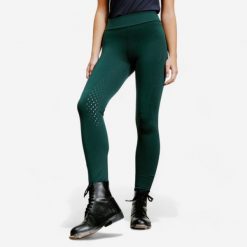 Legginsy jeździeckie damskie 500 z silikonowym lejem. Zielone legginsy damskie FOUGANZA, s, bez wzorów, z lycry. Za 129.99 zł.