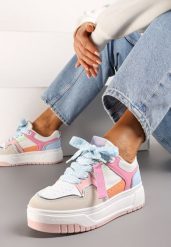 Różowo-Niebieskie Sneakersy na Niskiej Platformie z Zawieszką i Ozdobnymi Sznurówkami Salam. Czerwone obuwie sportowe damskie Renee, na lato, z jeansu, bez zapięcia, trekkingowe. Za 99.99 zł.