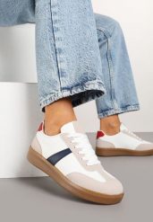 Biało-Granatowe Sneakersy Tenisówki z Geometrycznym Wzorem Hanivra. Białe obuwie sportowe damskie Renee, bez wzorów, z jeansu, bez zapięcia. Za 74.99 zł.