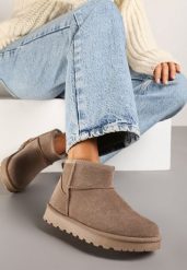 Ciemnobeżowe Casualowe Ocieplane Śniegowce na Płaskiej Podeszwie Emelunetta. Brązowe śniegowce damskie Renee, z jeansu. Za 79.99 zł.