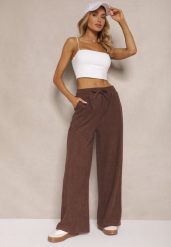 Brązowe Spodnie o Szerokim Kroju High Waist z Wiązaniem w Pasie Ettianne. Brązowe spodnie materiałowe damskie Renee, bez wzorów, z jeansu. Za 39.99 zł.